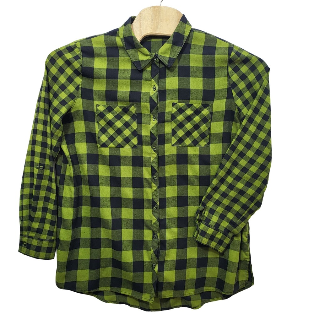 EST. 1946 Mens XL Buffalo Plaid Button Down Shirt Lime Green Black Roll Tab Long